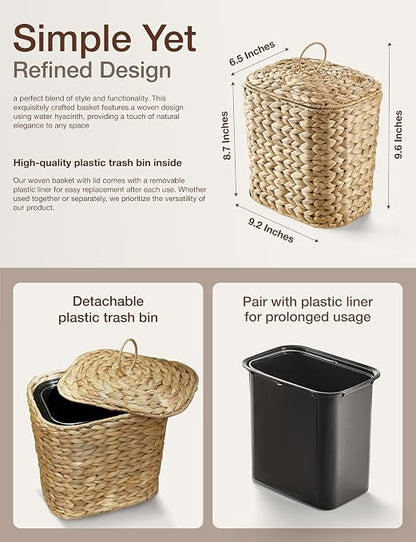 Tidita 1.5 Gallon Wicker Wastebasket with Lid, Woven from Water Hyacinth | Hyacinth Construction, Woven Design, Removable Plastic Liner Included, Removable Lid, Iron Frame, Odor Proof, Versatile Use