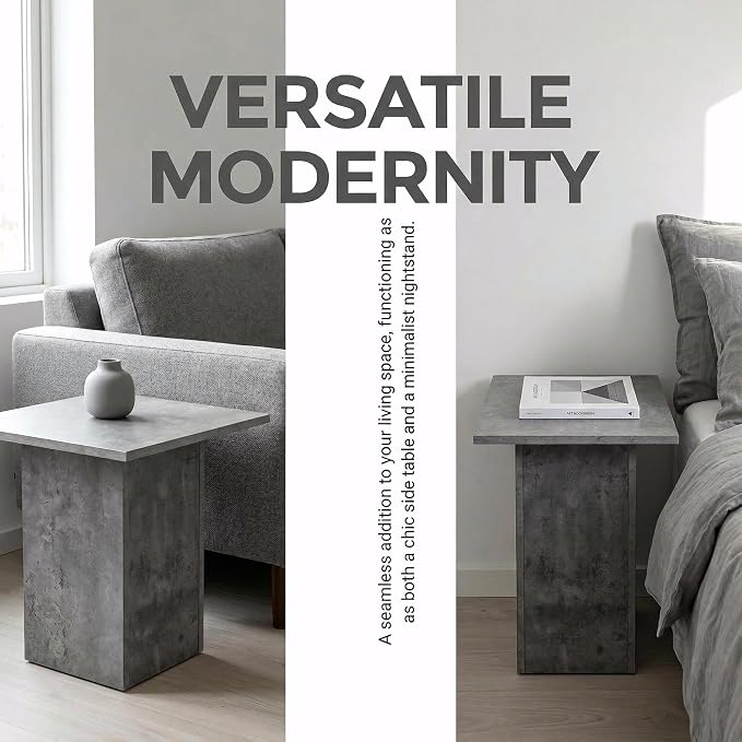 HNY Small Square Side Table Grey Wood Bedside Table 20" Modern End Table Concrete Texture Finish for Living Room, Reception Room, Home Office,Industrial Minimalist