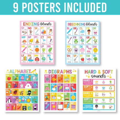 Hadley Designs Phonics Posters for Classroom Must Haves - 9 Sound Wall for Kindergarten & Elementary Teacher Supplies, Syllable, Vowels, Digraphs & Blends Bulletin Board Set, Rainbow Classrom Decor
