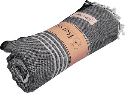 Bersuse Towels Anatolia XL Beach Blanket Throw Blanket Turkish Towel 100% Cotton Extra-Large Quick-Dry Lightweight Premium Peshtemal Towel - 61x82 Inches, Black
