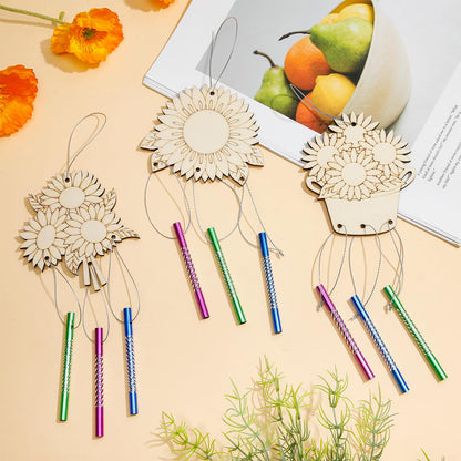 Leinuosen 30 Pcs Wind Chime Kit Sunflower Wooden Wind Chimes Decorative Sunflower Windchimes Hanging Dragonfly DIY Crafts for Indoor Outdoor Garden Home Patio Party Crafts Decorations