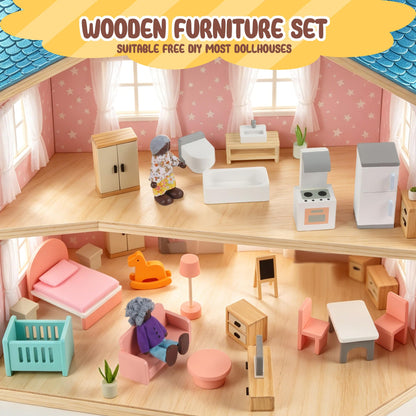 Wooden Dollhouse Furniture Set，Miniature Doll Furniture Accessories with 5 Rooms,for Kitchen, Living Room, Bedroom, Bathroom, Babyroom,Pretend Play Furniture for Toddlers 3 4 5 6 Years Old