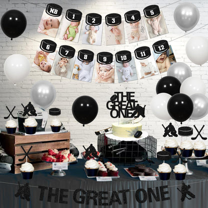 Hockey 1st Birthday Decorations Boys - 1st Birthday Baby Photo Banner for Newborn to 12 Months, The Great One Banner Cake Topper with Cupcake Toppers, Ice Hockey Theme Gameday Sport Party Supplies