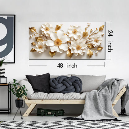 JuhaiArt Gold Wall Decor White 3D Floral Wall Art Elegant Flower Canvas Decor for Bedroom Living Room Office Picture Artwork 24" x 48"