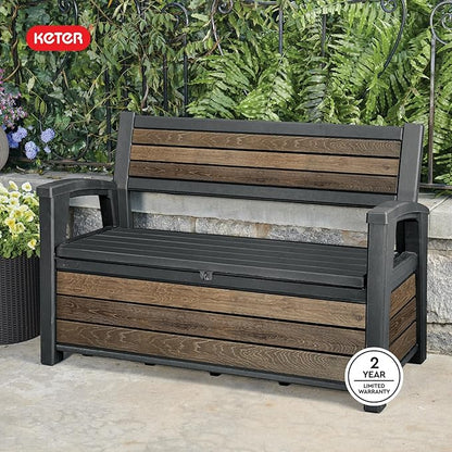 Keter Signature 60 Gallon Storage Bench Deck Box for Patio Furniture, Front Porch Decor and Outdoor Seating – Perfect to Store Garden Tools, Walnut