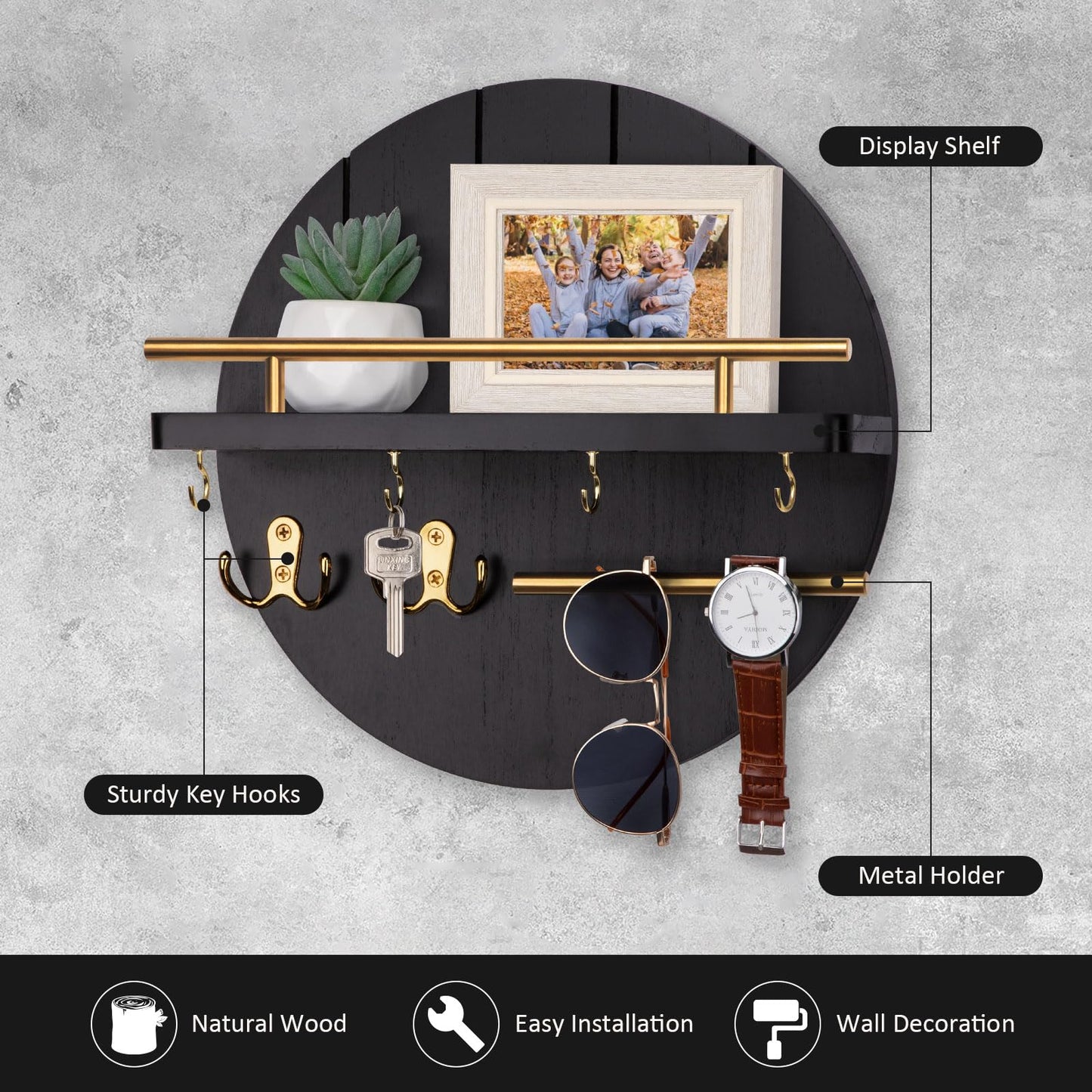 Nekon Wall Mount Key Holder, 11.8 Inch Rack With Shelf and 6 Hooks, Rustic Mail Organizer, Circular Wooden Hanger for Entryway Hallway Kitchen (Black&Gold)