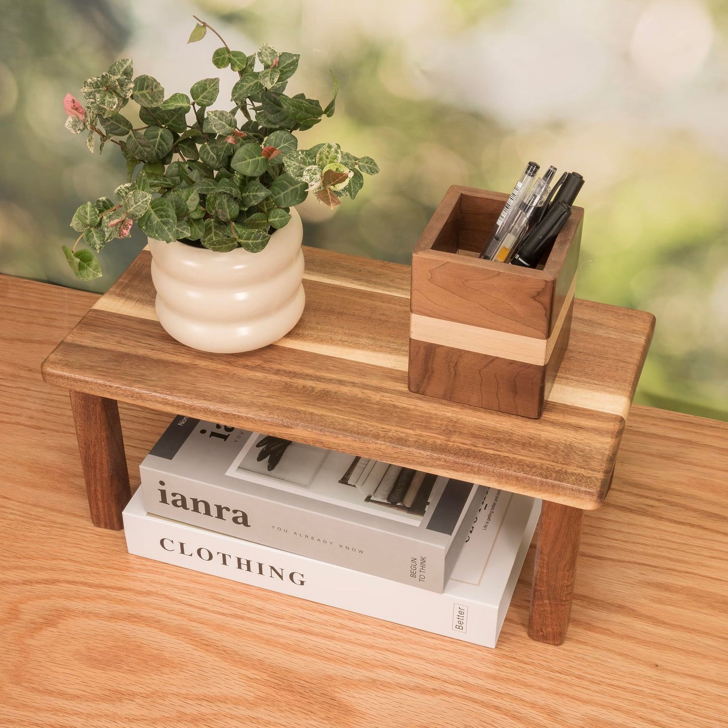 RiLiKar Acacia Wooden Desktop Organizer Shelf Kitchen Cabinet and Counter Riser Display Shelf for Top of Desk Home Office Bathroom Coffee Table Display Stand