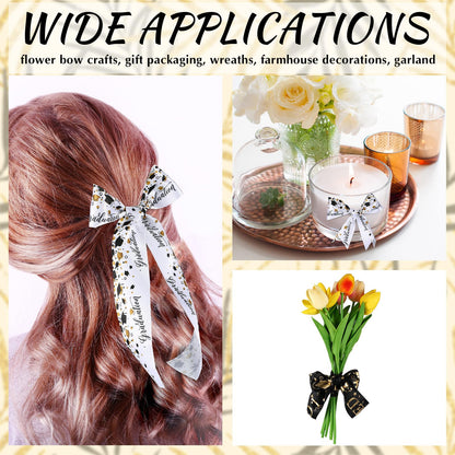 WILLBOND 2 Rolls Class of 2026 Graduation Craft Ribbons 7/8 Inch x 10 Yards Congrats Grad Black White Gold Satin Ribbon for Graduation Party Favors Ribbon for Wrapping Gifts Headband Bow