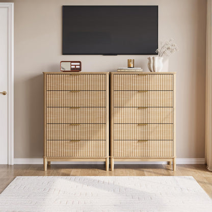 LINSY Fluted 5 Drawer Dresser for Bedroom, 46" Tall Mid-Century Modern Chest of Drawers, Deep Storage Dresser with Curved Corner Design, Large Accent Wood Cabinet for Bedroom, Oak
