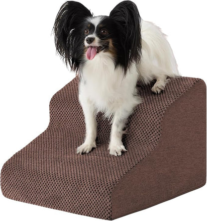 Dog Stairs for Small Dogs 11.5’’ H, 2-Step Dog Steps for Bed, Pet Stairs and Ramp for Dogs and Cats to Get on Beds, Couch, Non-Slip Balanced Pet Steps with Waterproof Cover, Brown
