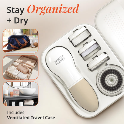 Raedia Handheld Facial Cleansing Brush with 4 Interchangeable Brush Heads by Vanity Planet - Lightweight Daily Cleansing Brush for Glowing Skin - Water Resistant Face Exfoliator - Warm Grey