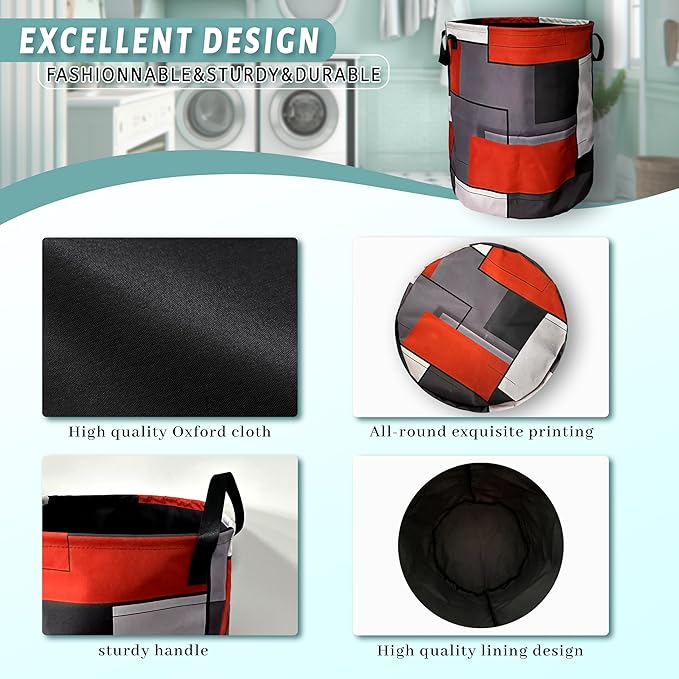Red Grey Geometry Laundry Basket Foldable