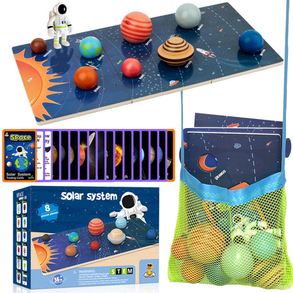 COOLDUCK 30 Pcs Wooden Solar System Model Board Toy Kit, Montessori Planet Balls Toys with Astronaut Figures, Preschool Learning Educational Puzzle, Space Knowledge Flash Cards Learning Toys for Kids