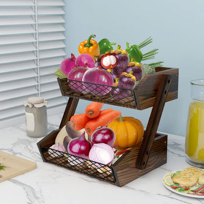 Dorhors Fruit Basket for Kitchen,Fruit Bowl,Kitchen Counter Organizer,Wooden Vegetable Holder for Countertop,Bread Storage Basket Stand(2 Tier)