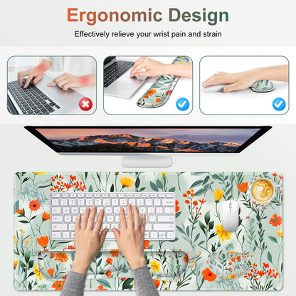 NXZGO Large Gaming Mouse Pad Set, 4 in 1 Ergonomics Keyboard Desk Mat Memory Foam Wrist Rest, Computer PC Extended Game Mousepad, Non-Slip Desk Matt Easy Typing Pain Relief I Blooming Orange Florals