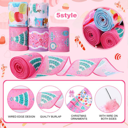 5 Roll 30 Yard Pink Christmas Candy Ribbon Wired 2.5 in Fabric Candy Pastel Christmas Wired Edge Ribbon for Xmas Tree Decorations, Gift Wrapping Wreath DIY Making Bow Crafts