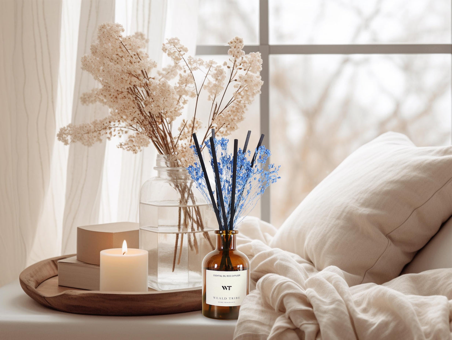 WEALD TRIBE Flower Reed Diffuser Set Vanilla Cinnamon Scent for Bathroom Air Fresheners | 4.0 fl oz Essential Oils with Sticks Home Fragrance Defusers | House Bedroom Office Shelf Decor & Gift