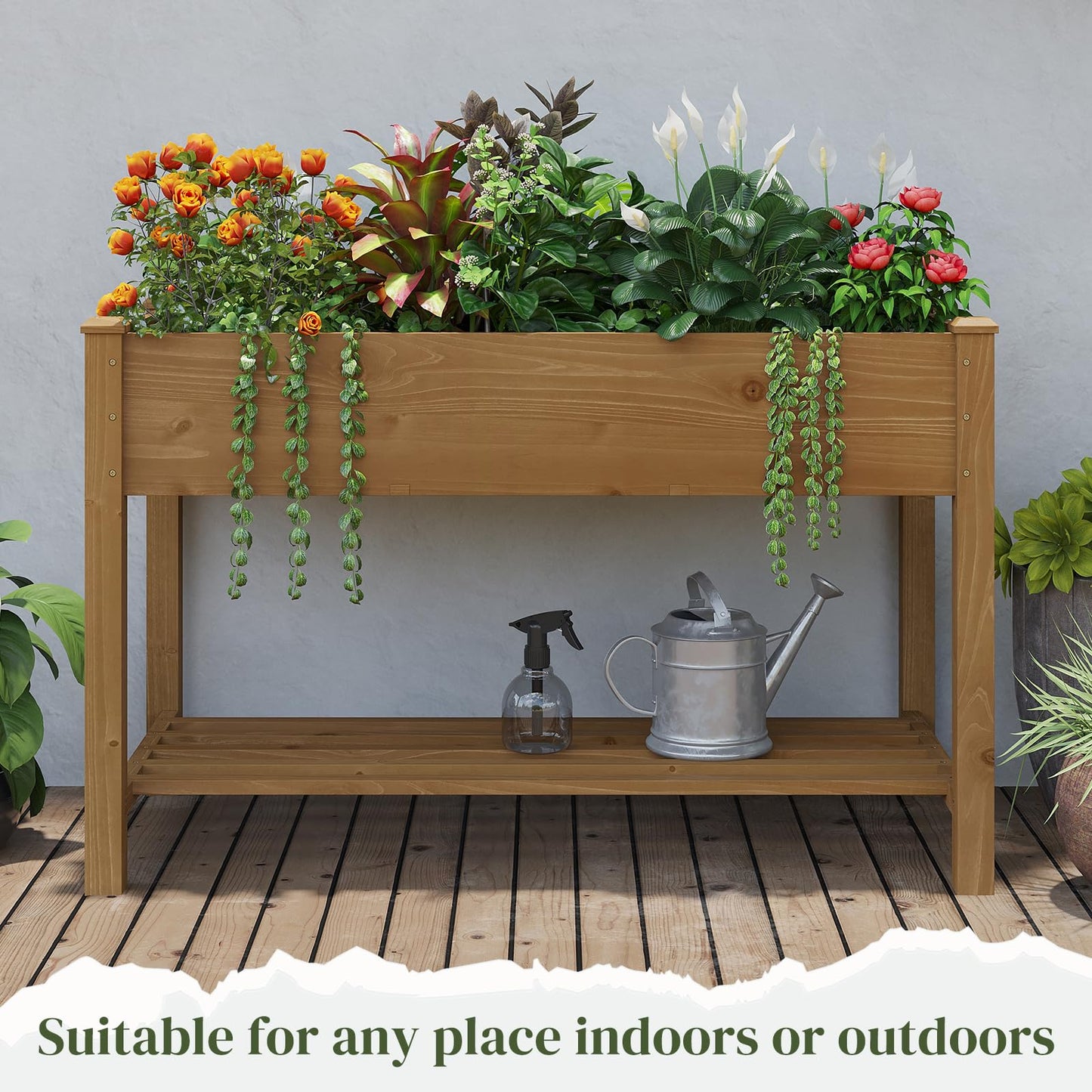 PULIJIAJU PL 48x24x30.5IN Raised Garden Bed with Legs Elevated Wooden Planter Box Stand Large Planter Stand Box for Fruits Vegetables Flowers Herbs w/Divider Liner (Brown-M)