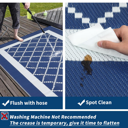 GAOMON Outdoor Rug 8x10 Patio Waterproof Reversible Plastic Straw Rug, Large UV-Resistant Portable RV Camping Mats with 4 Stakes & Carry Bag Boho Geometric Carpet for Outside Deck Porch Garden, Navy