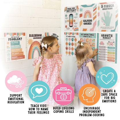 Hadley Designs 9 Calming Corner Posters for Classroom Must Haves - Calm Down Corner Supplies with Emotions Chart, School Counselor Mental Health Poster, Feelings Chart For Kids, Retro Classroom Decor