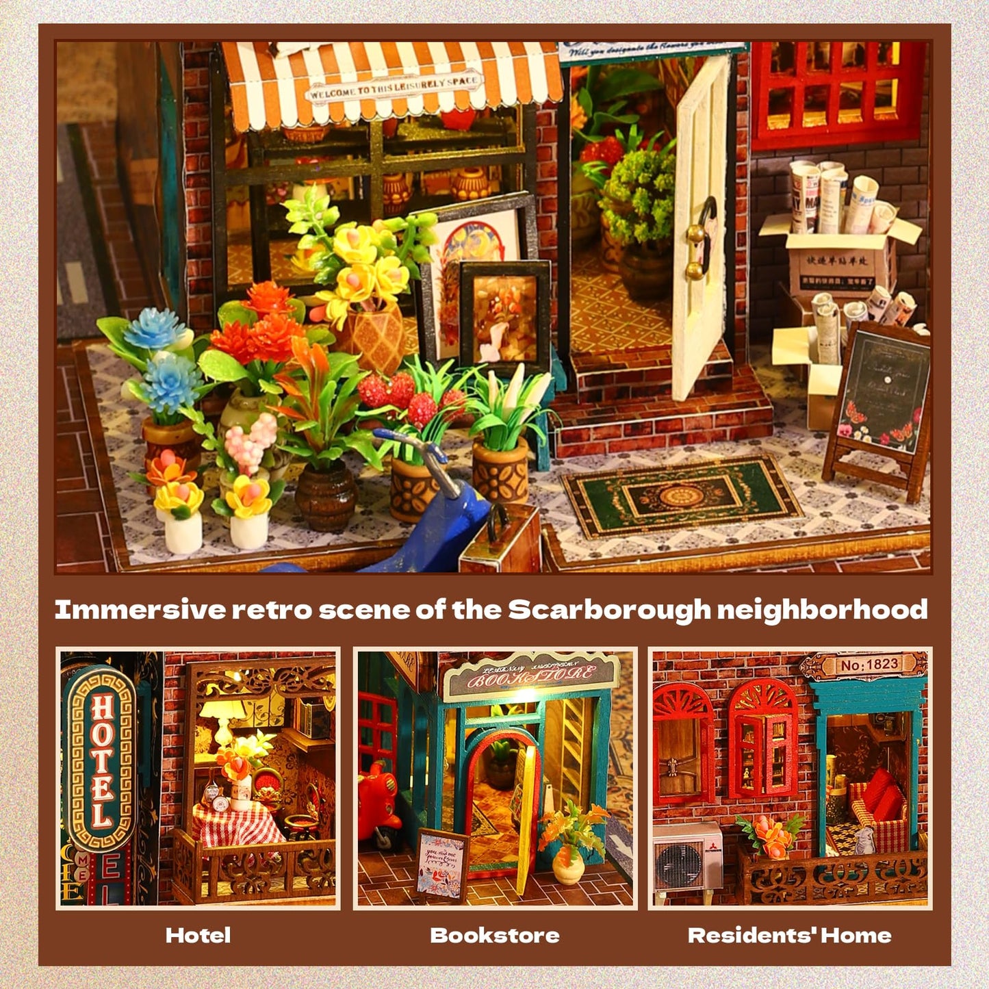 Hallisun DIY Miniature House Building Kits, Scarborough Hotel and Bear Restaurant 3D Wooden Dollhouse Toys, Birthday Christmas Festival Gift for Teens Adults