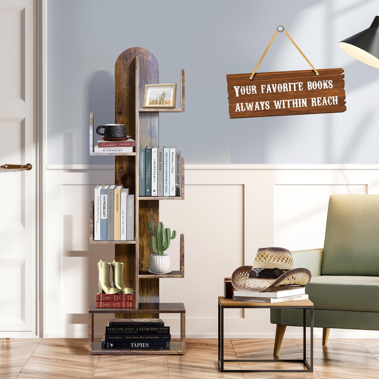 DOZILY Cactus Tree Bookshelf, 5-Tier Wood 50" Tall Corner Storage Rack for CDs/Movies/Books, Small Space-Saving Organizer Shelves for Living Room, Bedroom, Home Office (Rustic Brown)