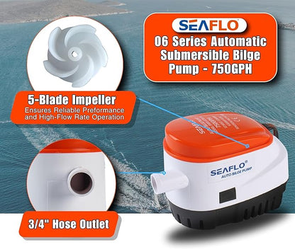 SEAFLO 06 Series Automatic Submersible Bilge Pump - 750GPH, 12V, 3/4" Outlet, 4-Year Warranty! - All-in-One Pump and Float Switch, Snap-Off Strainer, Compact Marine Boat Yacht Bilge Pump CE & Rohs
