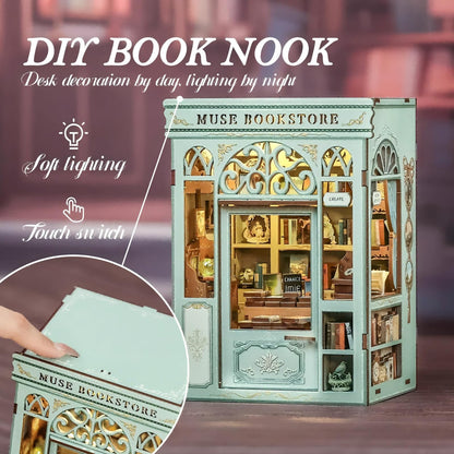 Fsolis Book Nook Kit - DIY Miniature House Kit Bookshelf 3D Wooden Puzzles for Adults Beginners Tiny House Mini Booknook Bookshop Gifts for Women Book Lovers (Muse Bookstore)