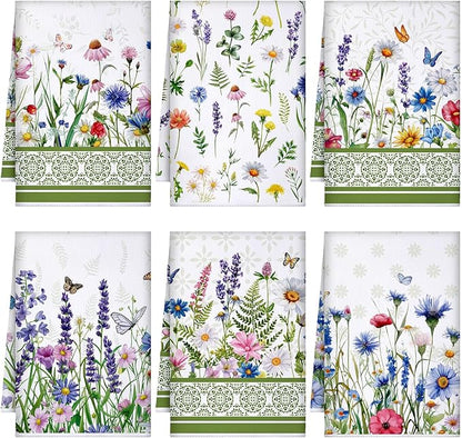 Geyoga 6 Pcs Spring Floral Kitchen Towels Flamingo Dish Hand Towels Sunflower