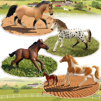 Gerrii 33 Pcs Realistic Horse Figurines Set, 16 Horses Breeds with Wooden Fences Farm Accessories for Tabletop Display Cake Topper Horse Lover Collector Birthday Gift