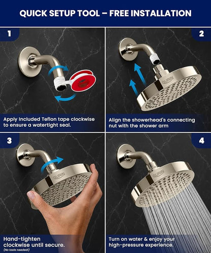GURIN Shower Head - Powerful High Pressure Rain Shower Head 6 Inch - Luxury Rainfall Showerhead with Adjustable Angles, 90 Anti-Clog Nozzles, Tool-Free 1-Min Install, Premium Brushed Nickel Finish