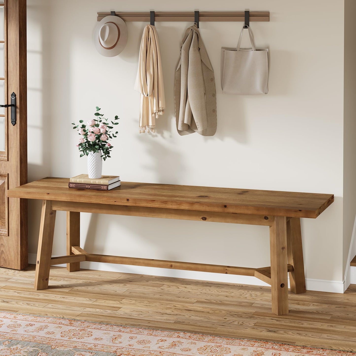 TRIBEWOOD 55" Solid Wood Bench, Farmhouse Long Bench Seat for Entryway, Dining Room, Living Room, Solid Wood, Rustic Brown