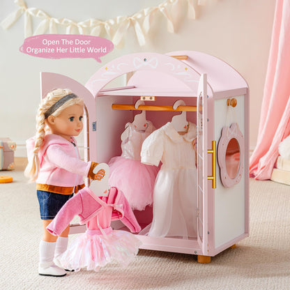 ROBOTIME 18 Inch Doll Closet, Wooden Doll Furniture Wardrobe with Mirror & Hangers, Pink Doll Clothes Storage Armoire, Doll Furniture for 18 Inch Dolls