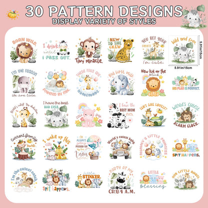 Falueqg Baby Shower Iron on Transfer - 30Pcs Dtf Transfers Ready to Press, Jungle Safari Animal Baby Onesie Decorating Kit Iron on Decals Patches, Cute Heat Trasnefer Stickers for Baby Bibs