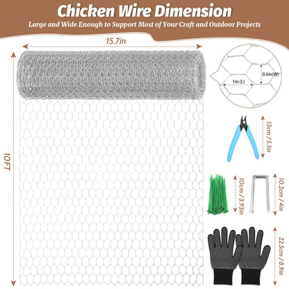 Floral Chicken Wire for Craft, 15.7 Inch x 10 FT Lightweight Galvanized Hexagonal Chicken Wire Netting, Silver Chicken Wire Fence for Garden Poultry Chicken Wire Mesh with Gloves, Wire Ties, Plier