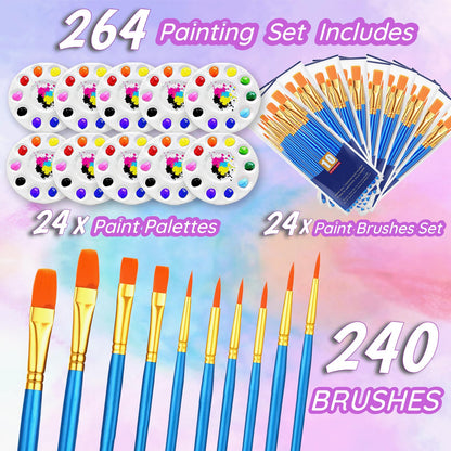 264PCS Valued Paint Brushes and Palettes Set，24Pack of 240PCS Paint Brushes Bulk, 24 Paint Paint Trays, Artist Acrylic Brushes Nylon Brush Head, Suitable for All Purpose Oil Watercolor Painting Se