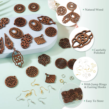 Elecrelive 10 Pairs Wooden Dangle Earring Making Kit Teardrop Oval Flower Leaf Shapes Natural Wood Earring Blanks with Hooks for DIY Craft Jewelry Making