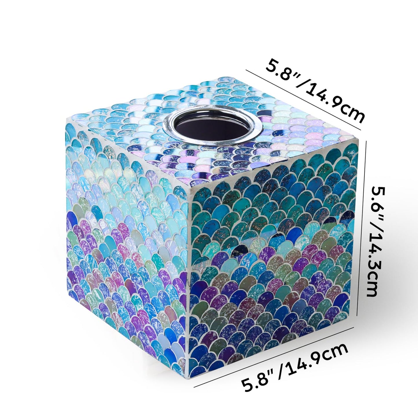 WDHODEC Mermaid Glass Tissue Box Cover Square Decorative Tissue Box Holder Handmade Wooden Tissue Box Cube for Living Room, Dining Room, Cafe, Hotel, Office