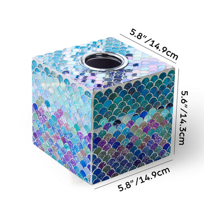 WDHODEC Mermaid Glass Tissue Box Cover Square Decorative Tissue Box Holder Handmade Wooden Tissue Box Cube for Living Room, Dining Room, Cafe, Hotel, Office