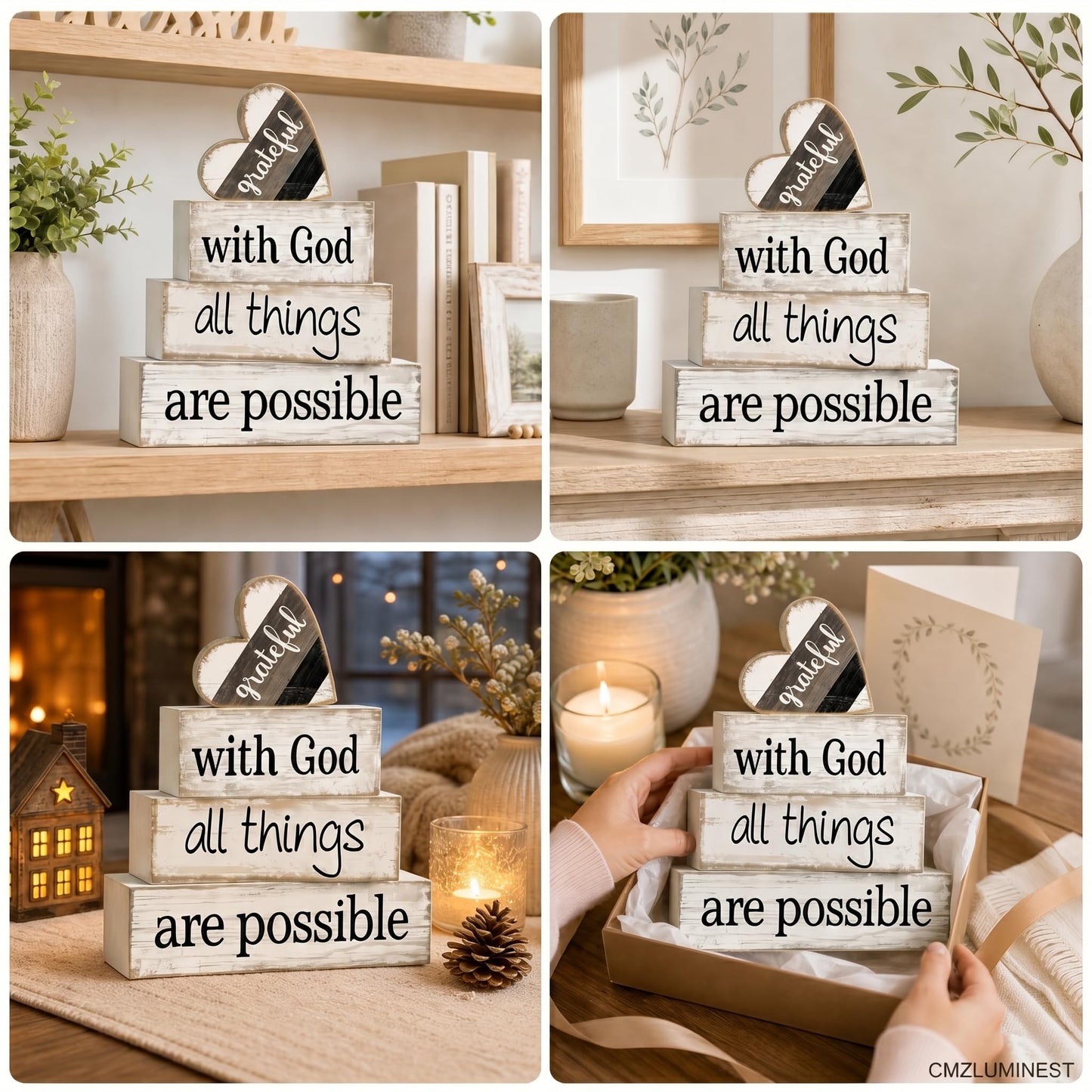 4 Pcs Christian Farmhouse Table Decor, Religious Wooden Farmhouse Tiered Tray Decorations with Heart Grateful Sign, With God All Things Are Possible Home Decor for Kitchen, Office, Mantel, Coffee Bar