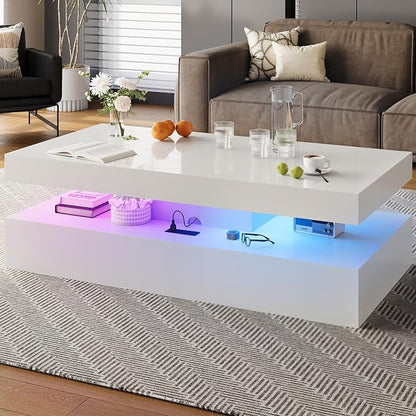47” High-Glossy LED Coffee Table with 2 Sliding Drawers, Living Room Storage Coffee Tables, Modern Stylish Double-Layer Center Tables with LED Lights, White