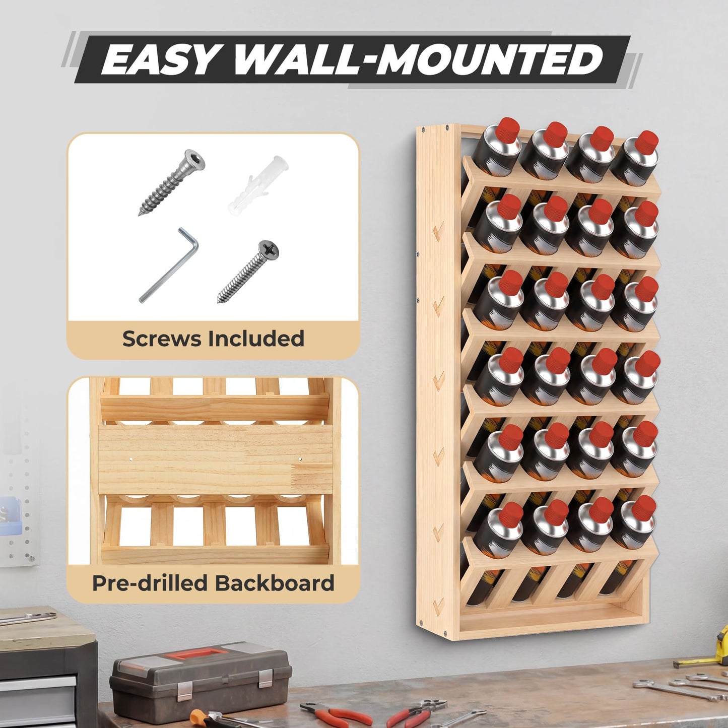 Sidasu 24 Can Spray Paint Can Holder, Wooden Spray Paint Storage Rack, Wall Mount Spray Can Organizer,6 Tier Paint Can Organizer for Garage/Workshop/Home