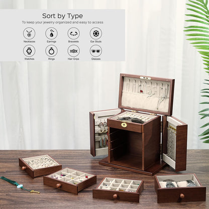 Artisticbox wooden Jewelry Box and Organizer - 8-Layer Lockable Wooden Jewelry Boxes for Women - Large Jewelry Boxes and Organizer with Key,Gift for Wife,dresser top jewelry box with lock