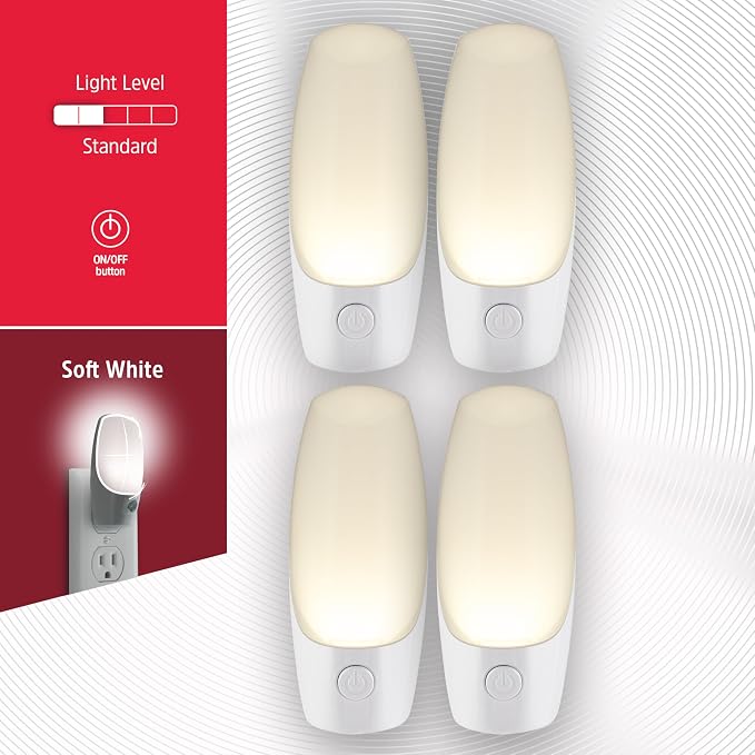 Energizer Manual On/Off LED Night Light Plug-in, Push Button, Compact, Contemporary, for Bedroom, Livingroom, Hallway, Bathroom, Nursery, Basement, White, 83661, 4 Pack