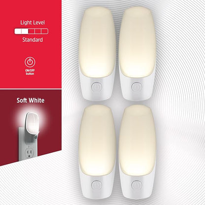 Energizer Manual On/Off LED Night Light Plug-in, Push Button, Compact, Contemporary, for Bedroom, Livingroom, Hallway, Bathroom, Nursery, Basement, White, 83661, 4 Pack