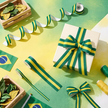 Cunno 3 Rolls Green Gold and Yellow Stripe Grosgrain Ribbon Decorating Material Double Face Polyester Fabric Ribbons Roll for Christmas Home DIY Gift Wrapping Crafts, 0.4, 0.87, 1.5 Inch Wide, 15 Yard