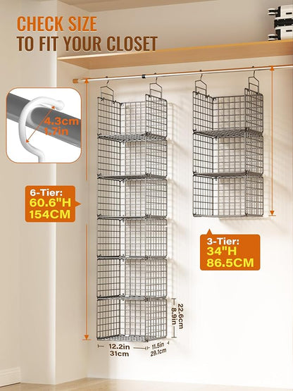 6 Tier Closet Hanging Organizer, Metal Closet Organizers and Storage with 4 Hanging Hooks 4 S-Hooks for Wardrobe Laundry Room, Wire Storage Shelf for Clothes Sweaters Pants (Black)