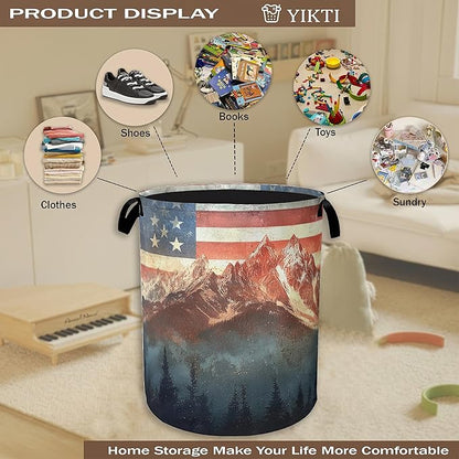 Vintage American Flag Laundry Hamper, Forest Mountain Clothes Hamper