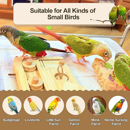 2PCS Wooden Bird Foraging Puzzle Toys Interactive Parakeet Enrichment Foraging Toy for CageBird Slow Feeder Parrot Chewing Toy for Pets, Bird Perches Stand for Sun Conure and Small Sized Birds