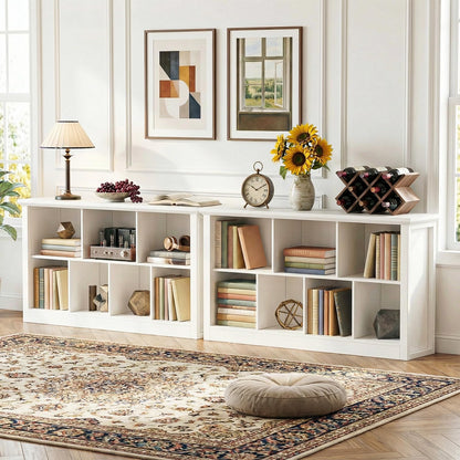Unikito 7 Cube Storage Book Shelf - 47" Wide Wood Cube Storage Organizer, Wooden 2 Tiers Floor Standing Low Bookcase for Living Room, Bedroom, Home Office, Kids Room, Rustic White